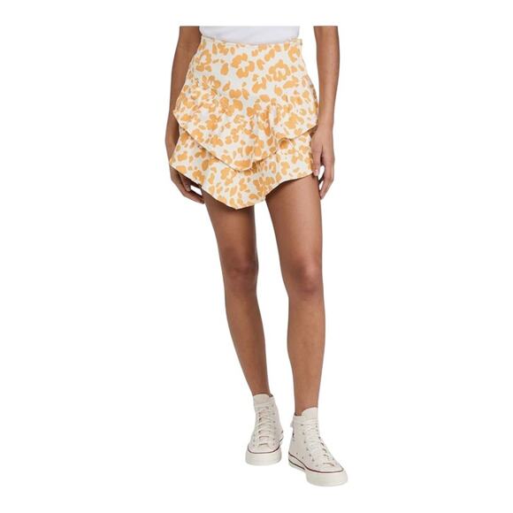 MOTHER NWT Women's Yellow/White Floral Leopard The Ruffle Denim Mini Skirt 26 - Picture 1 of 16